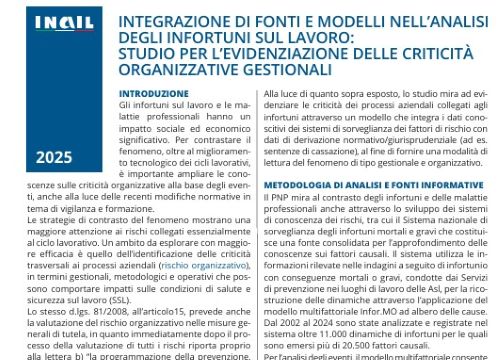 Infortuni sul lavoro, analisi INAIL su criticità organizzative e gestionali